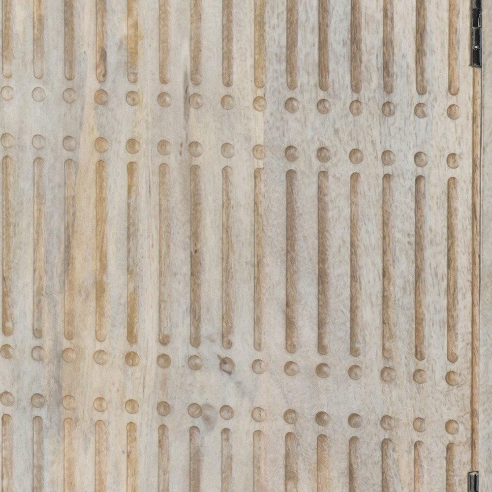 Close-up of 60" Ivory Carved Geometric Distressed Solid Wood Enclosed and Open Storage TV Stand showing the ivory wood texture.