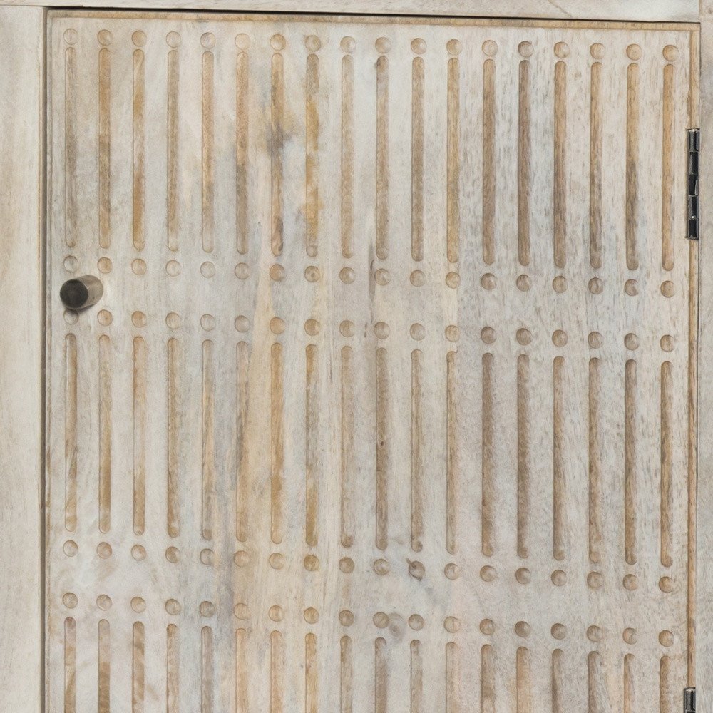 Detail view of 60" Ivory Carved Geometric Distressed Solid Wood Enclosed and Open Storage TV Stand, filling the frame with the ivory wood texture.