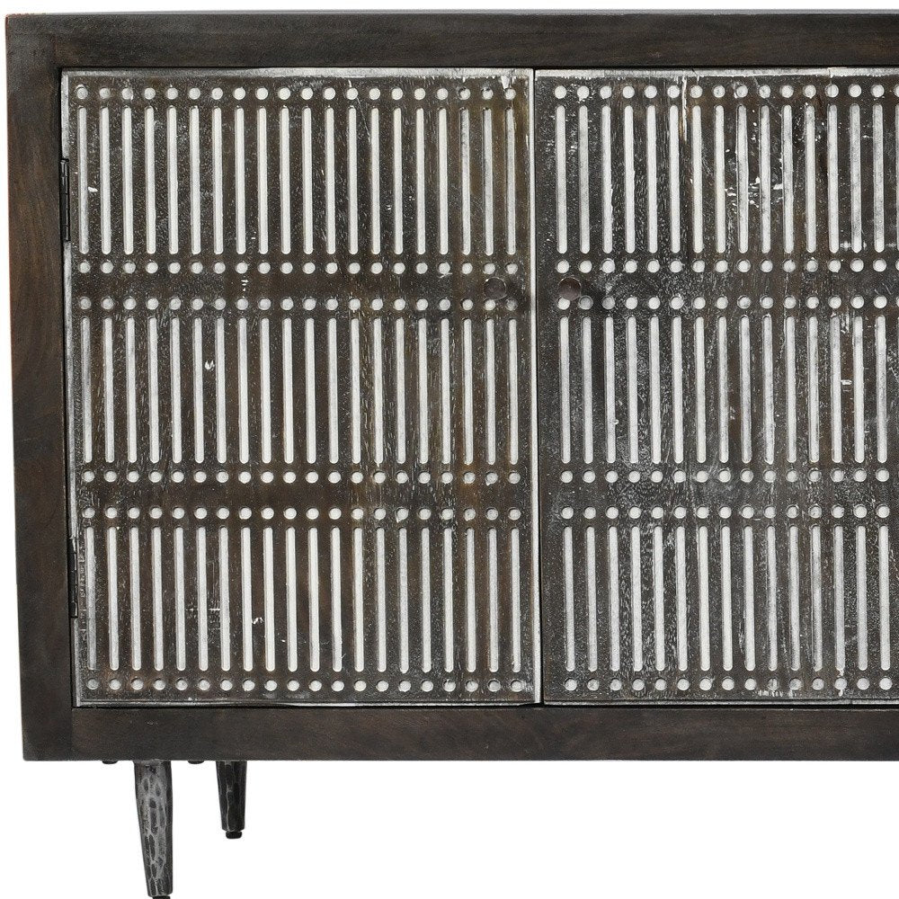 92" Dark Brown Carved Geometric Distressed Solid Wood Enclosed and Open Storage TV Stand close-up detail