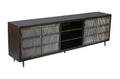92" Dark Brown Carved Geometric Distressed Solid Wood Enclosed and Open Storage TV Stand on a white background