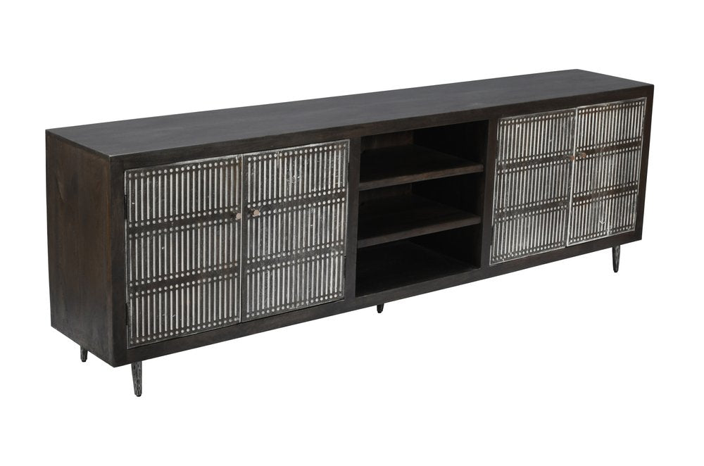 92" Dark Brown Carved Geometric Distressed Solid Wood Enclosed and Open Storage TV Stand on a white background