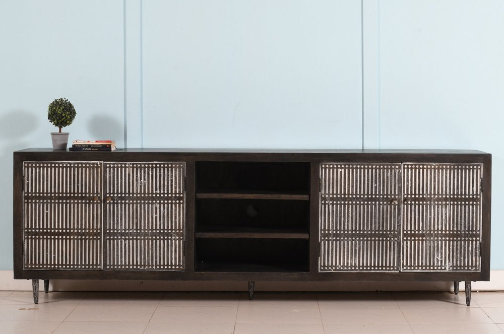 92" Dark Brown Carved Geometric Distressed Solid Wood Enclosed and Open Storage TV Stand on a white background