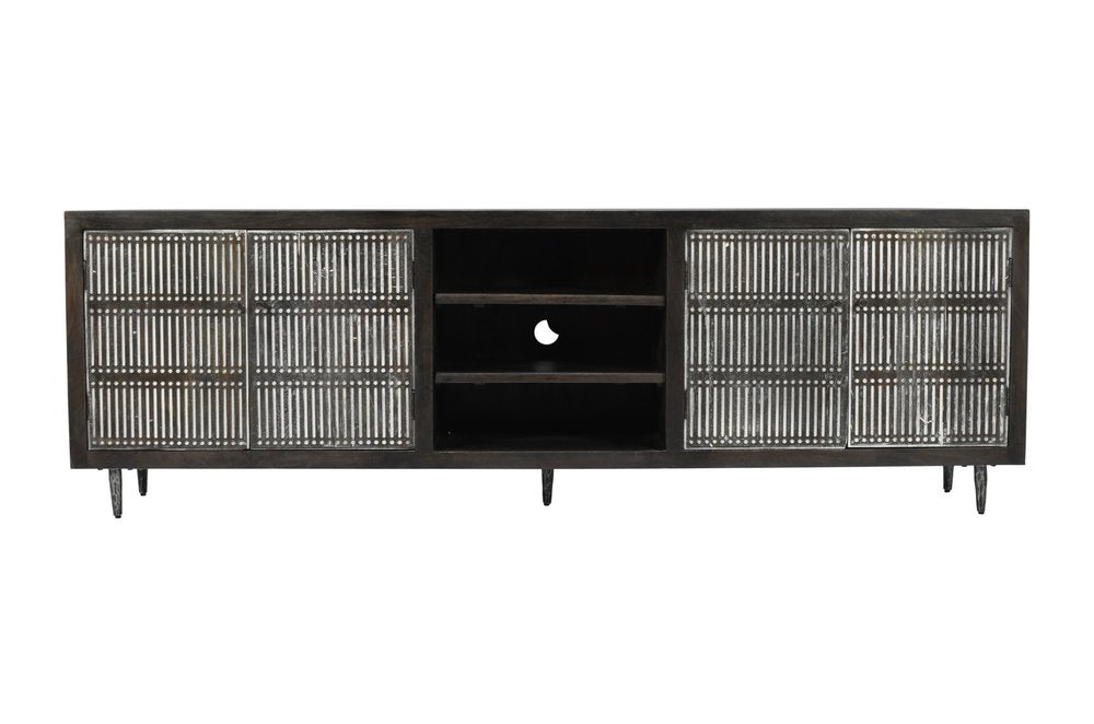 92" Dark Brown Carved Geometric Distressed Solid Wood Enclosed and Open Storage TV Stand on a white background