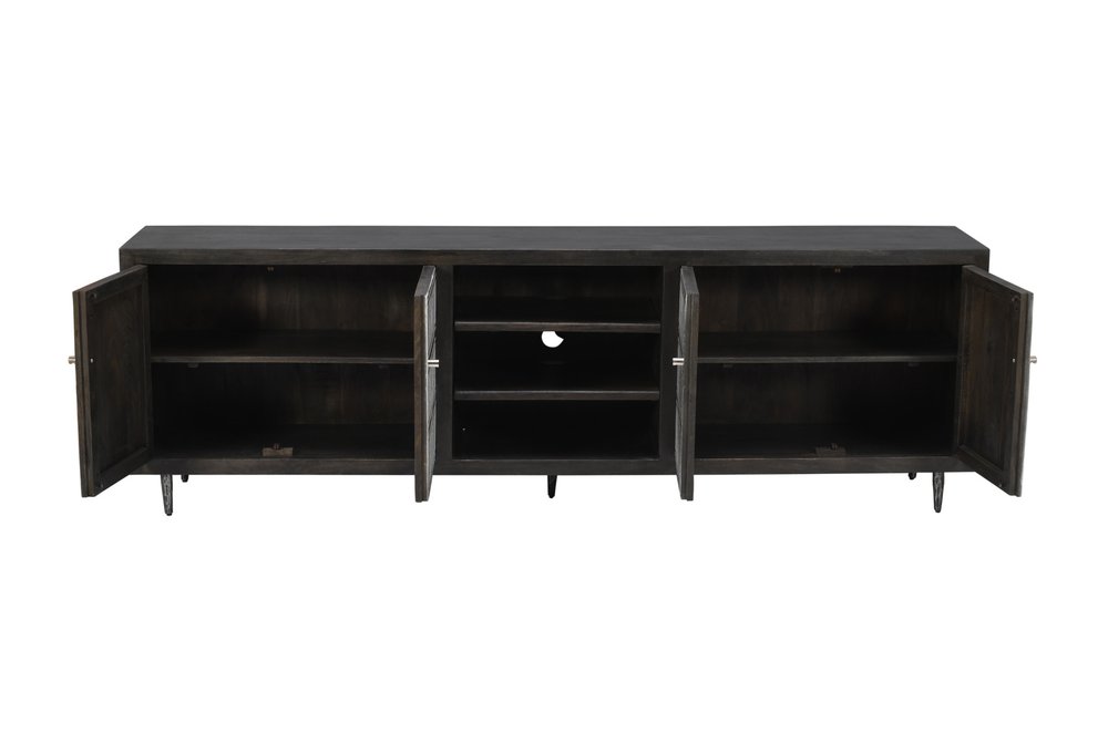 92" Dark Brown Carved Geometric Distressed Solid Wood Enclosed and Open Storage TV Stand on a white background