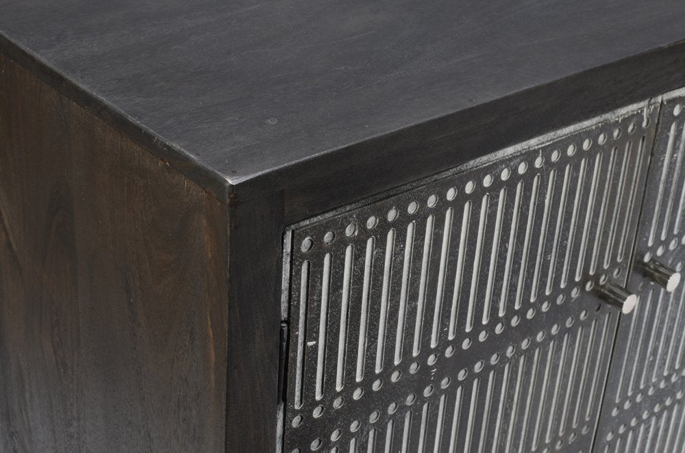 92" Dark Brown Carved Geometric Distressed Solid Wood Enclosed and Open Storage TV Stand close-up detail