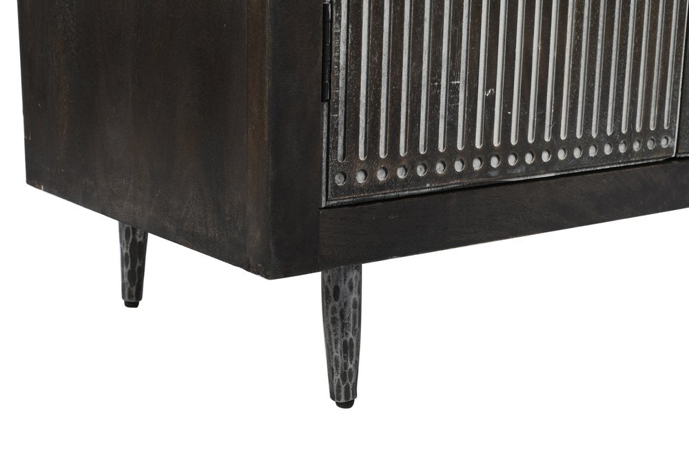 92" Dark Brown Carved Geometric Distressed Solid Wood Enclosed and Open Storage TV Stand on a white background