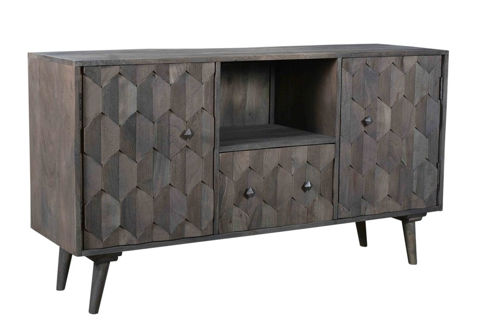 55" Dark Gray Carved Geometric Distressed Solid Wood Enclosed and Open Storage TV Stand. TV stand isolated on a plain white background, showing a charcoal wood surface.