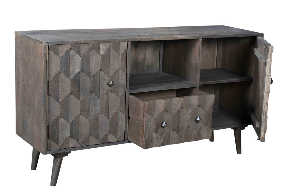 55" Dark Gray Carved Geometric Distressed Solid Wood Enclosed and Open Storage TV Stand. TV stand isolated on a plain white background, in a charcoal wood finish.