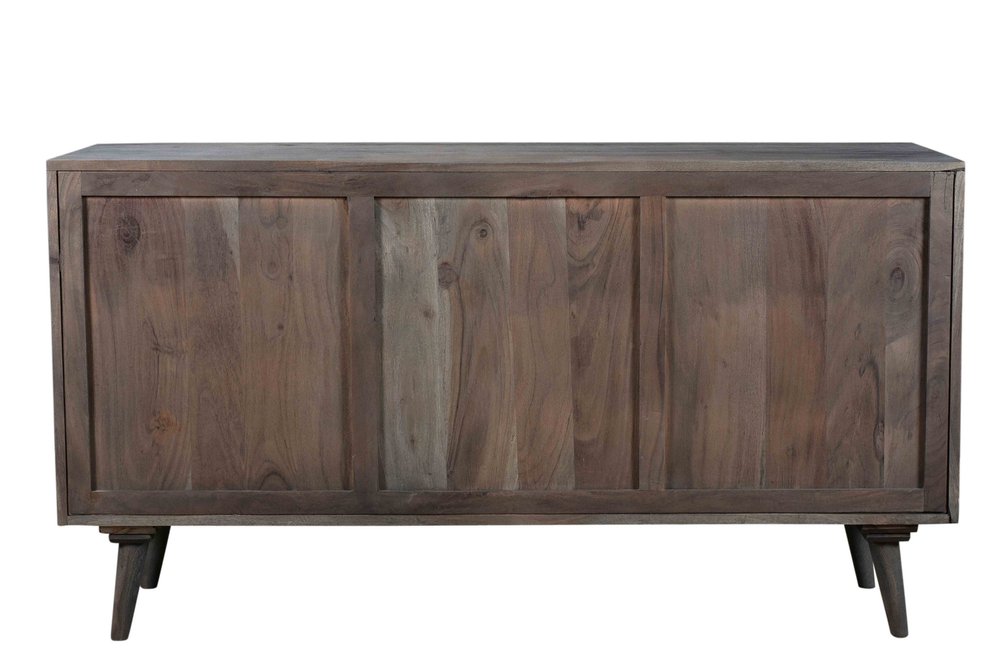 55" Dark Gray Carved Geometric Distressed Solid Wood Enclosed and Open Storage TV Stand. TV stand isolated on a plain white background, finished in charcoal wood.
