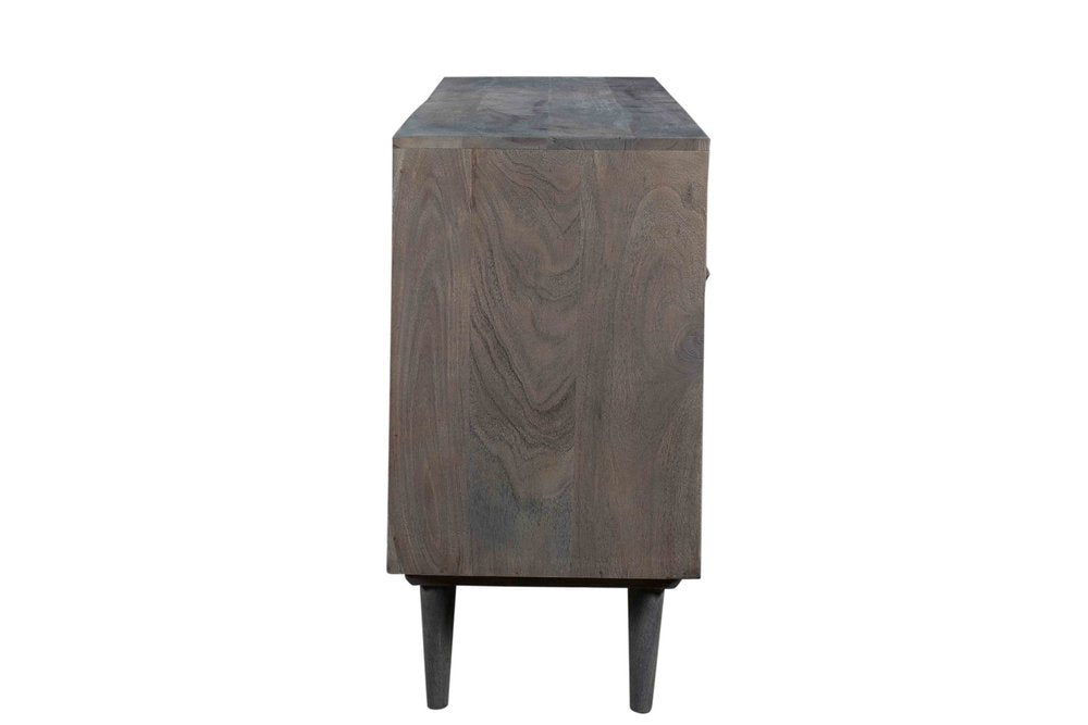 55" Dark Gray Carved Geometric Distressed Solid Wood Enclosed and Open Storage TV Stand. TV stand isolated on a plain white background, showing a charcoal wood surface.