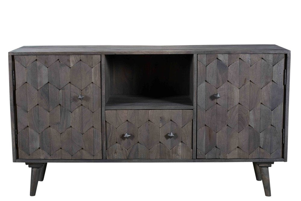 55" Dark Gray Carved Geometric Distressed Solid Wood Enclosed and Open Storage TV Stand. TV stand isolated on a plain white background, finished in charcoal wood.