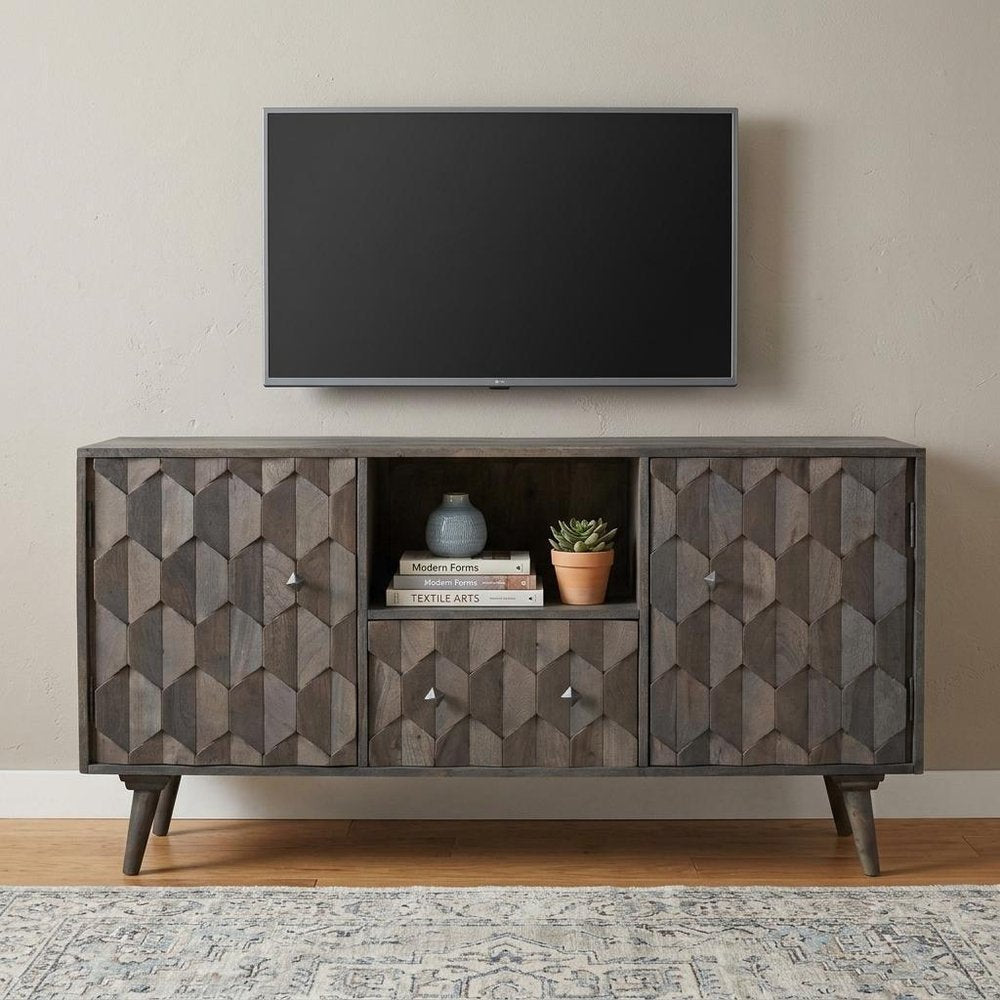 55" Dark Gray Carved Geometric Distressed Solid Wood Enclosed and Open Storage TV Stand