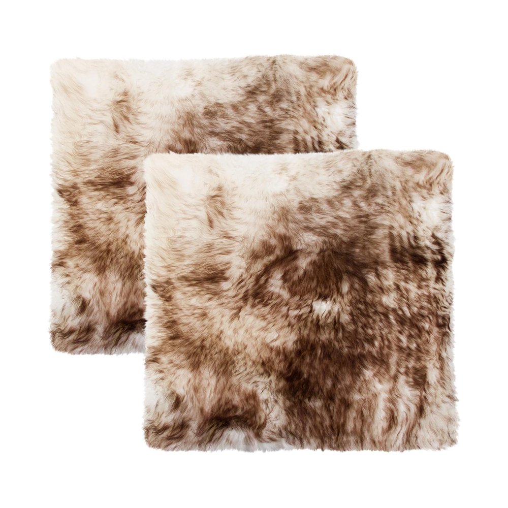 Two square gradient chocolate wool chair pads on a white background.