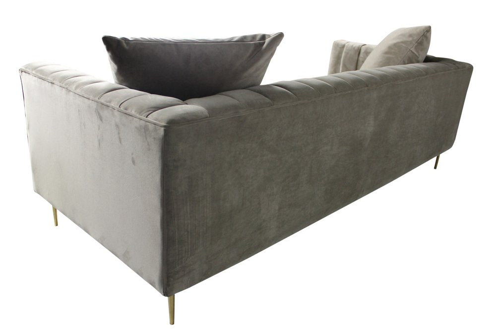 90" Gray Brown Velvet Sofa And Toss Pillows With Gold Legs on a white background