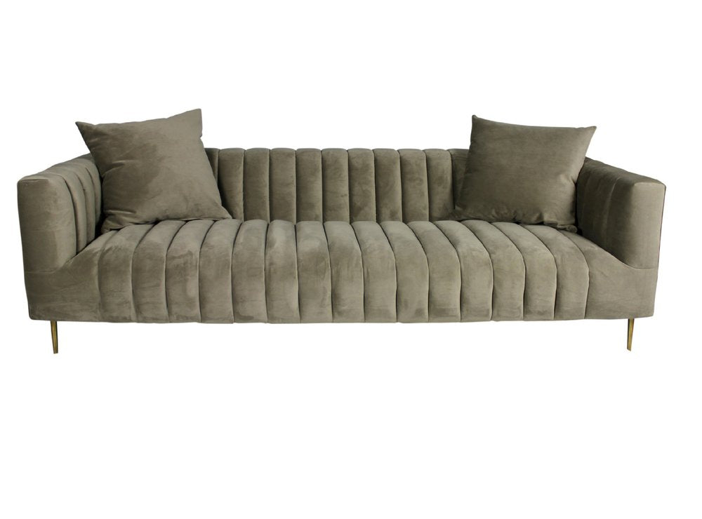 90" Gray Brown Velvet Sofa And Toss Pillows With Gold Legs on a white background