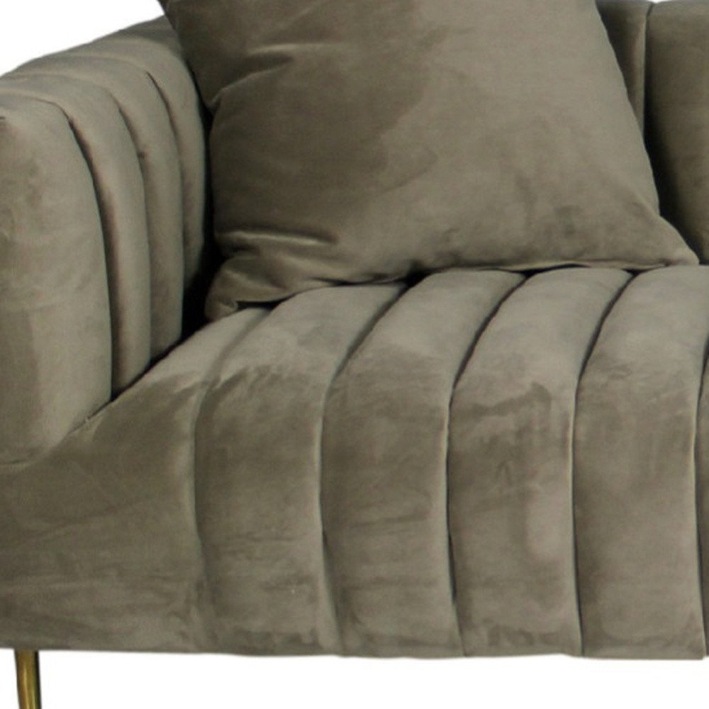 90" Gray Brown Velvet Sofa And Toss Pillows With Gold Legs close-up detail