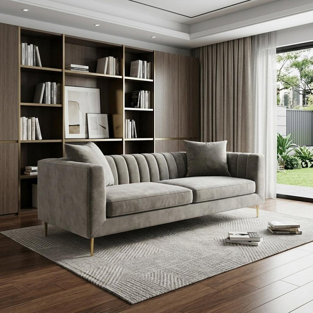 90" Gray Brown Velvet Sofa And Toss Pillows With Gold Legs in a home interior