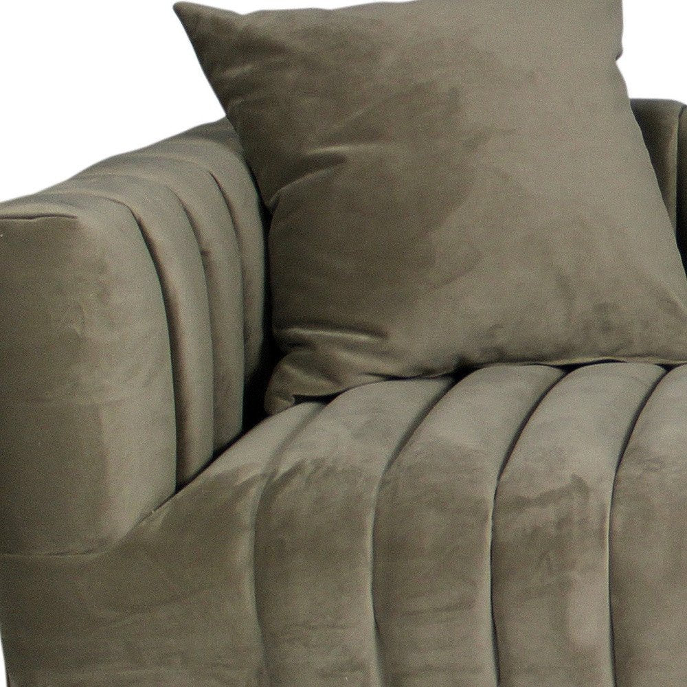 90" Gray Brown Velvet Sofa And Toss Pillows With Gold Legs close-up detail