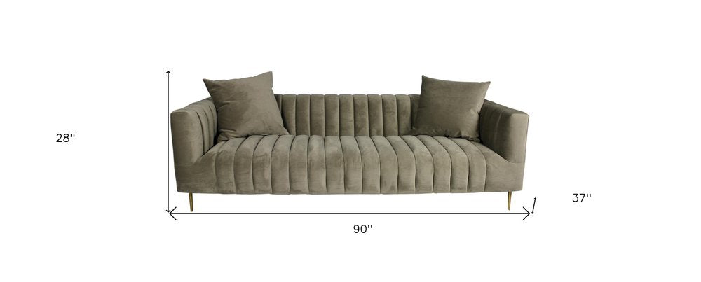 90" Gray Brown Velvet Sofa And Toss Pillows With Gold Legs on a white background
