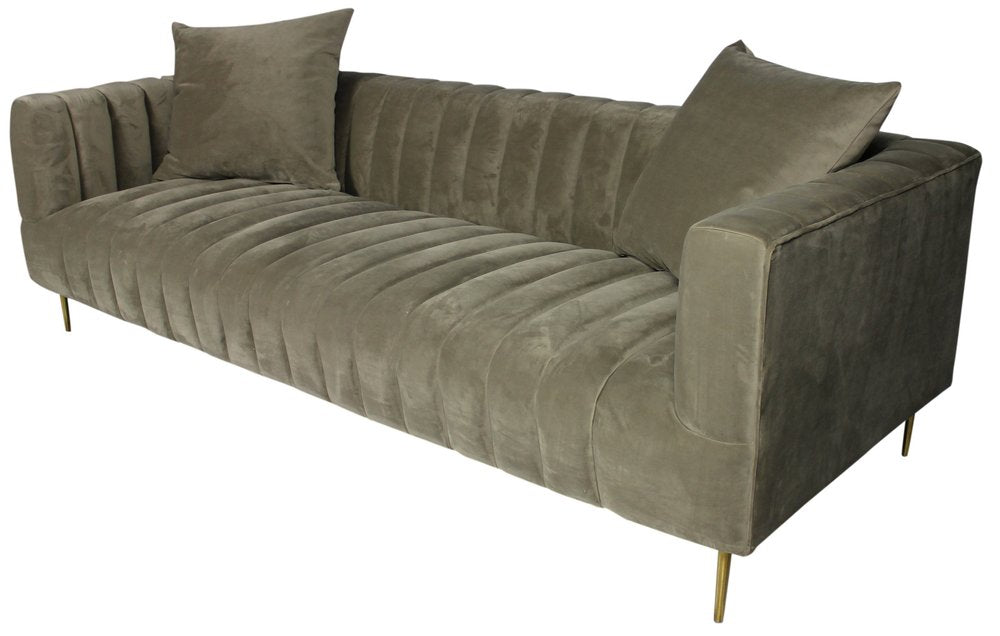 90" Gray Brown Velvet Sofa And Toss Pillows With Gold Legs on a white background