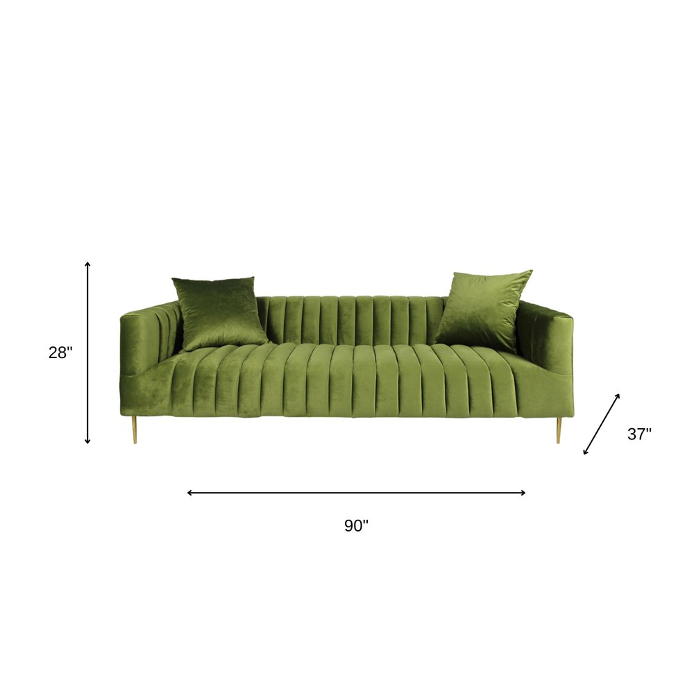90" Olive Green Velvet Sofa And Toss Pillows With Gold Legs on a white background