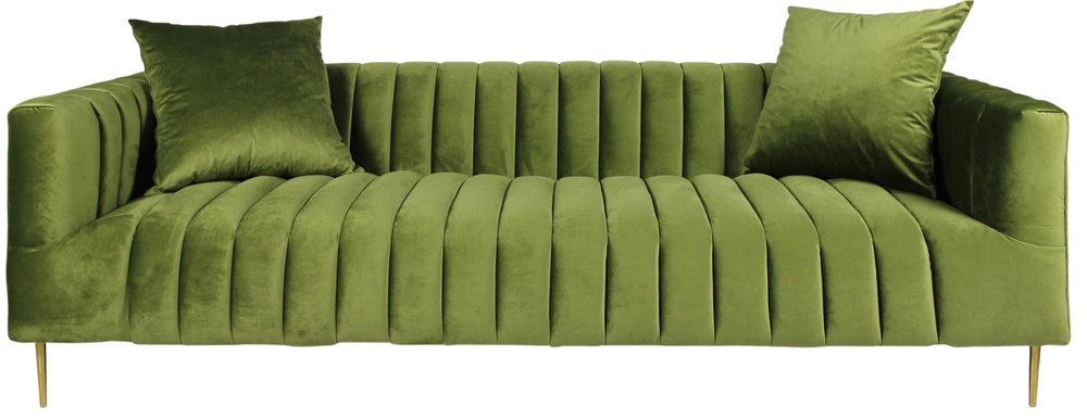 90" Olive Green Velvet Sofa And Toss Pillows With Gold Legs on a white background