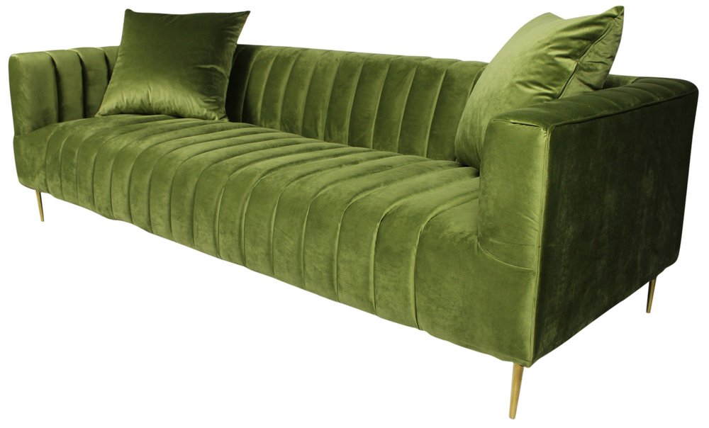 90" Olive Green Velvet Sofa And Toss Pillows With Gold Legs on a white background