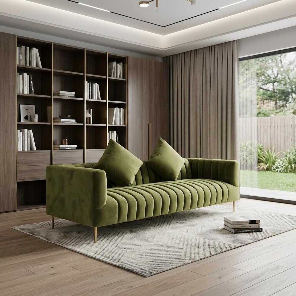 90" Olive Green Velvet Sofa And Toss Pillows With Gold Legs in a home interior