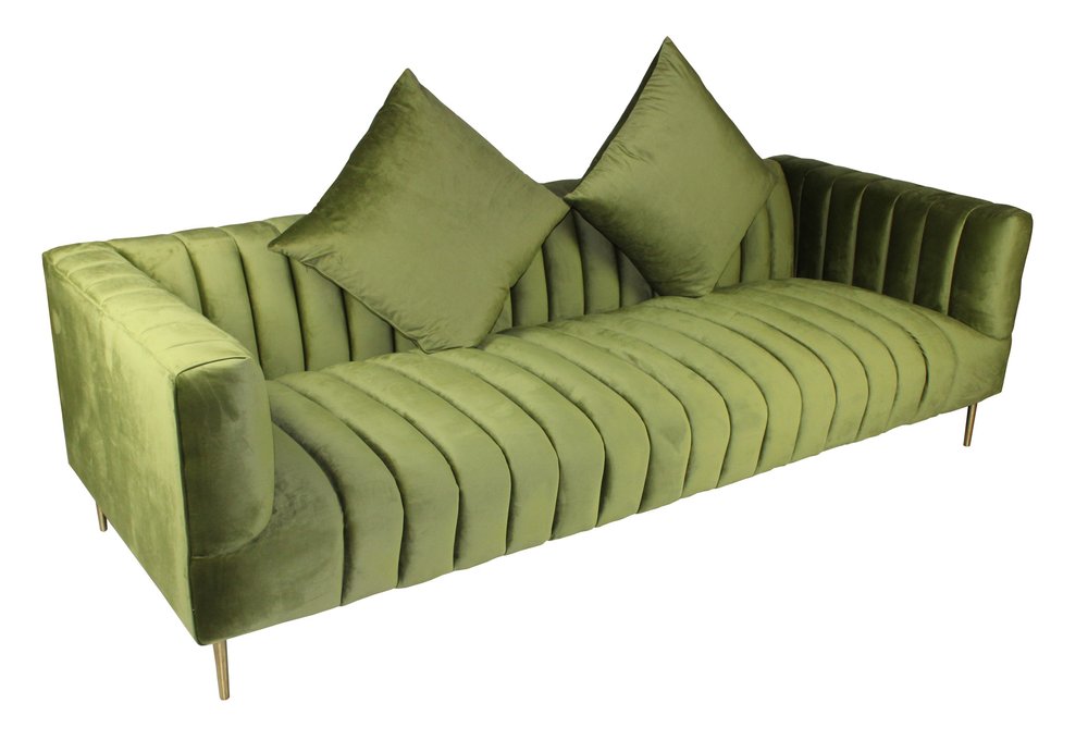 90" Olive Green Velvet Sofa And Toss Pillows With Gold Legs on a white background