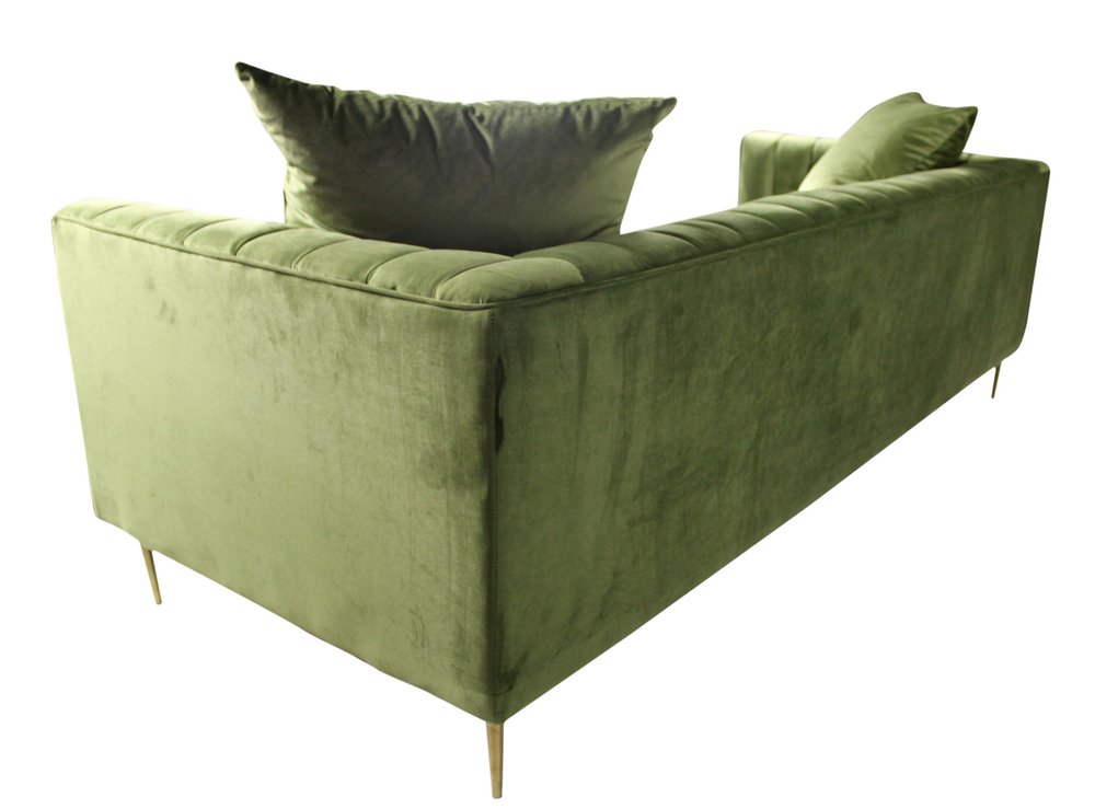 90" Olive Green Velvet Sofa And Toss Pillows With Gold Legs on a white background