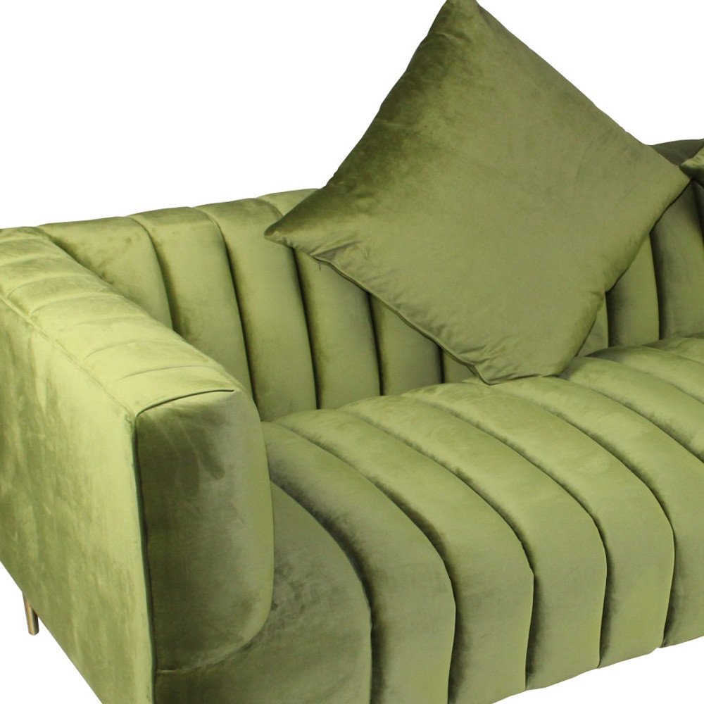 90" Olive Green Velvet Sofa And Toss Pillows With Gold Legs on a white background
