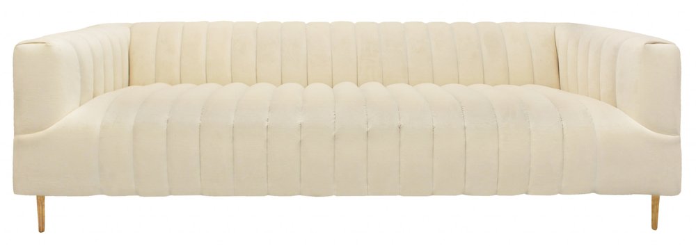 90" Ivory Velvet Sofa And Toss Pillows With Gold Legs on a white background