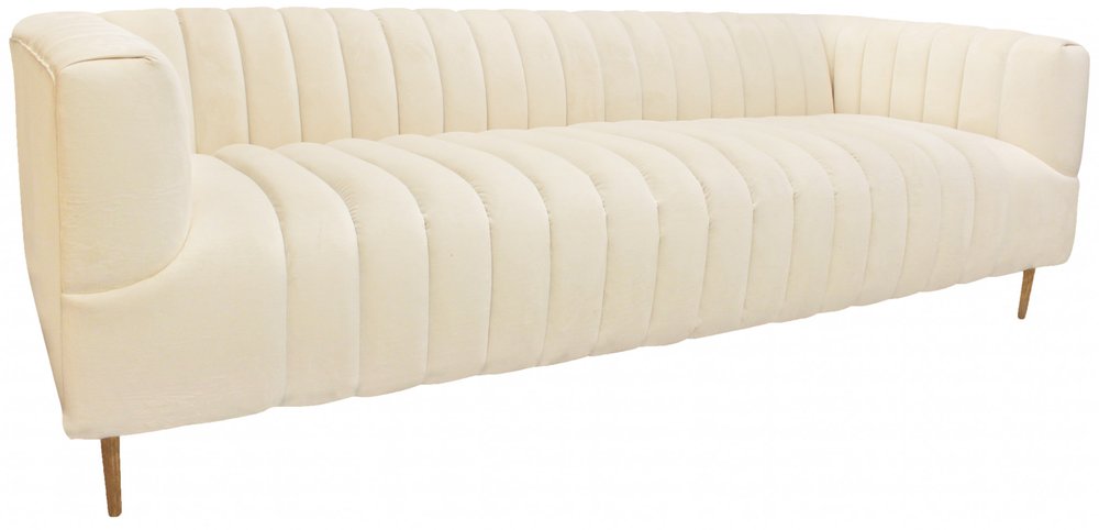 90" Ivory Velvet Sofa And Toss Pillows With Gold Legs on a white background