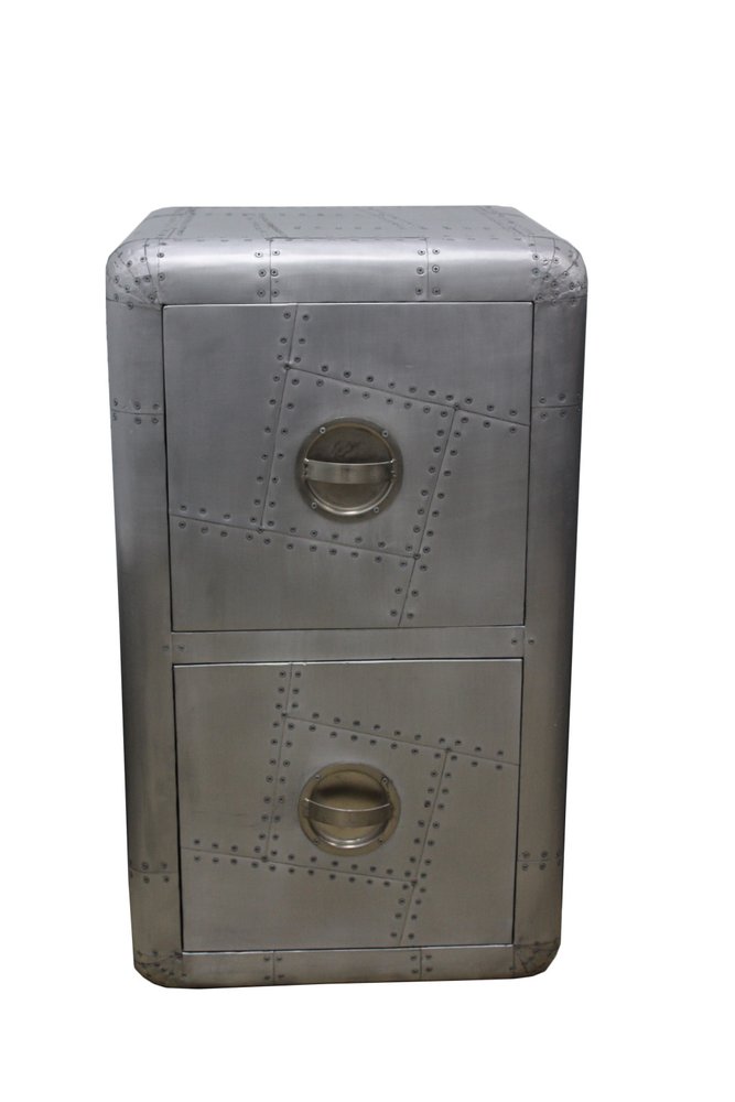Silver aluminum two-drawer filing cabinet with riveted panels and round handles, on a white background.