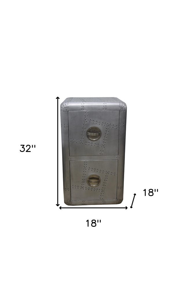 32" Silver Aviator Aluminum Two Drawer Filing Cabinet. Filing cabinet isolated on a plain white background, showing a silver metal surface.