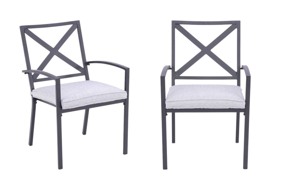 Set of Two Dark Gray Aluminum Outdoor Stacking Dining Chairs with Light Gray Cushion on a white background