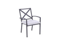 Set of Two Dark Gray Aluminum Outdoor Stacking Dining Chairs with Light Gray Cushion on a white background