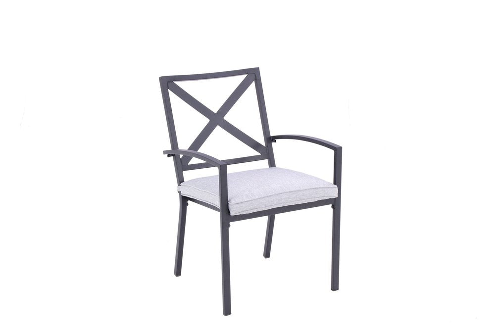 Dark gray aluminum outdoor dining chair with a light gray cushion and an X-back design, isolated on a white background.