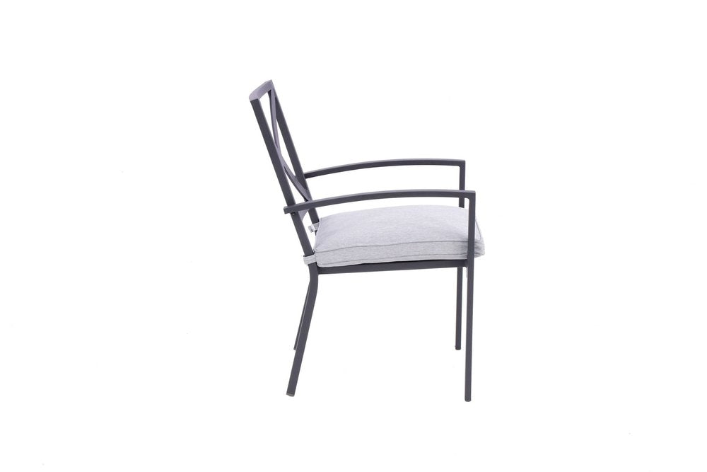 Set of Two Dark Gray Aluminum Outdoor Stacking Dining Chairs with Light Gray Cushion on a white background