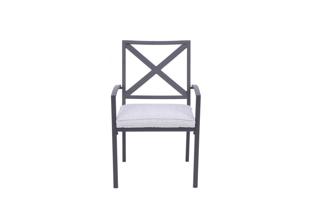 Set of Two Dark Gray Aluminum Outdoor Stacking Dining Chairs with Light Gray Cushion on a white background