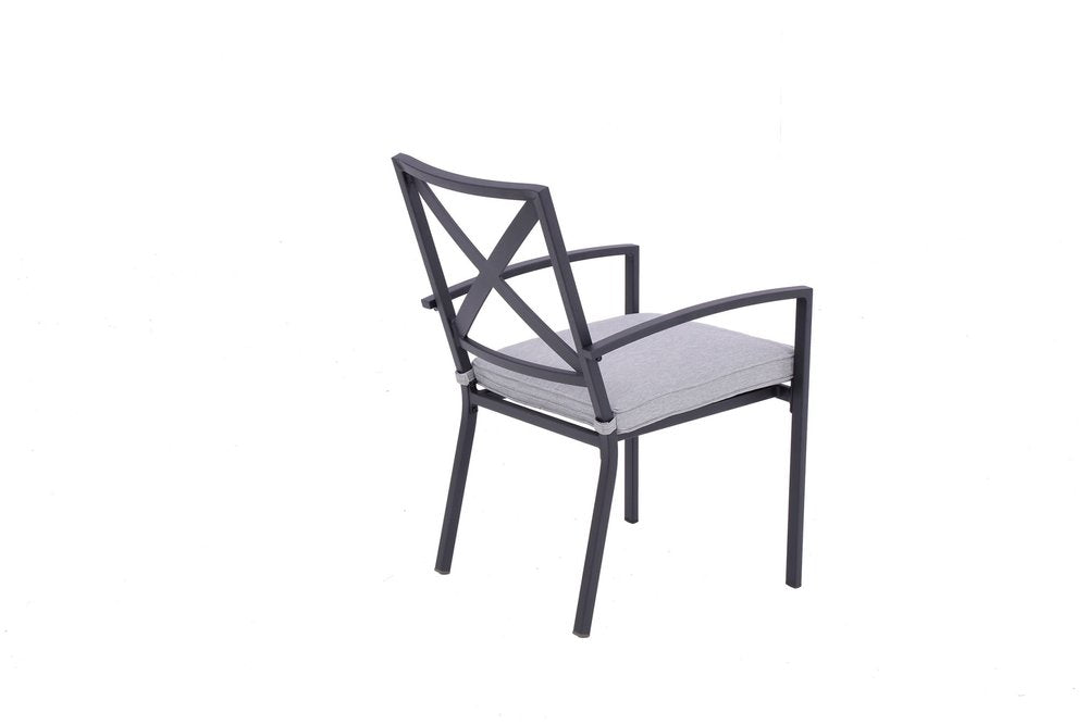 Set of Two Dark Gray Aluminum Outdoor Stacking Dining Chairs with Light Gray Cushion on a white background