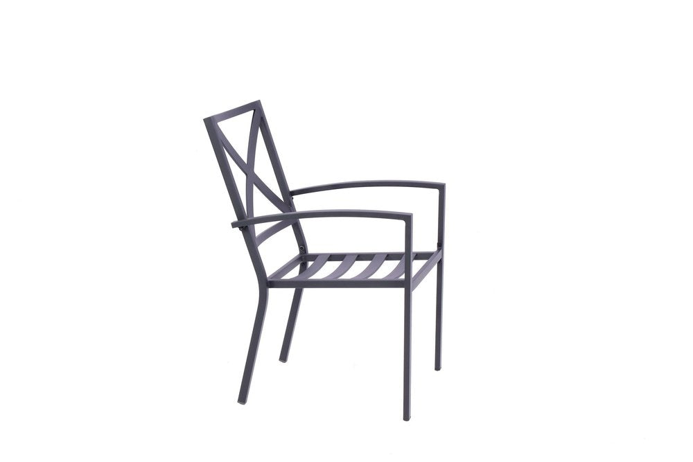Set of Two Dark Gray Aluminum Outdoor Stacking Dining Chairs with Light Gray Cushion on a white background