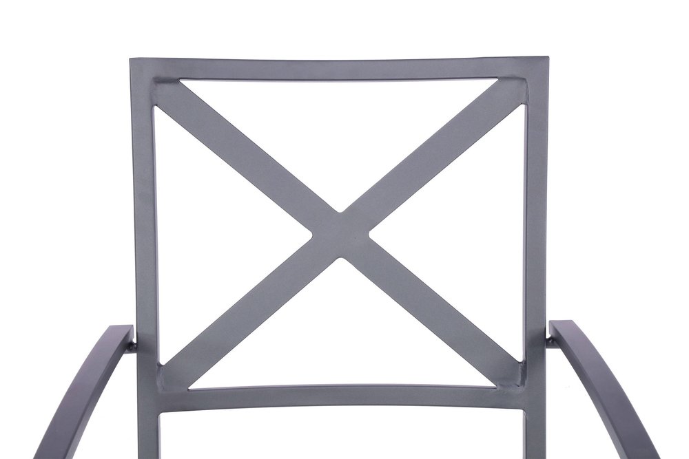 Set of Two Dark Gray Aluminum Outdoor Stacking Dining Chairs with Light Gray Cushion on a white background