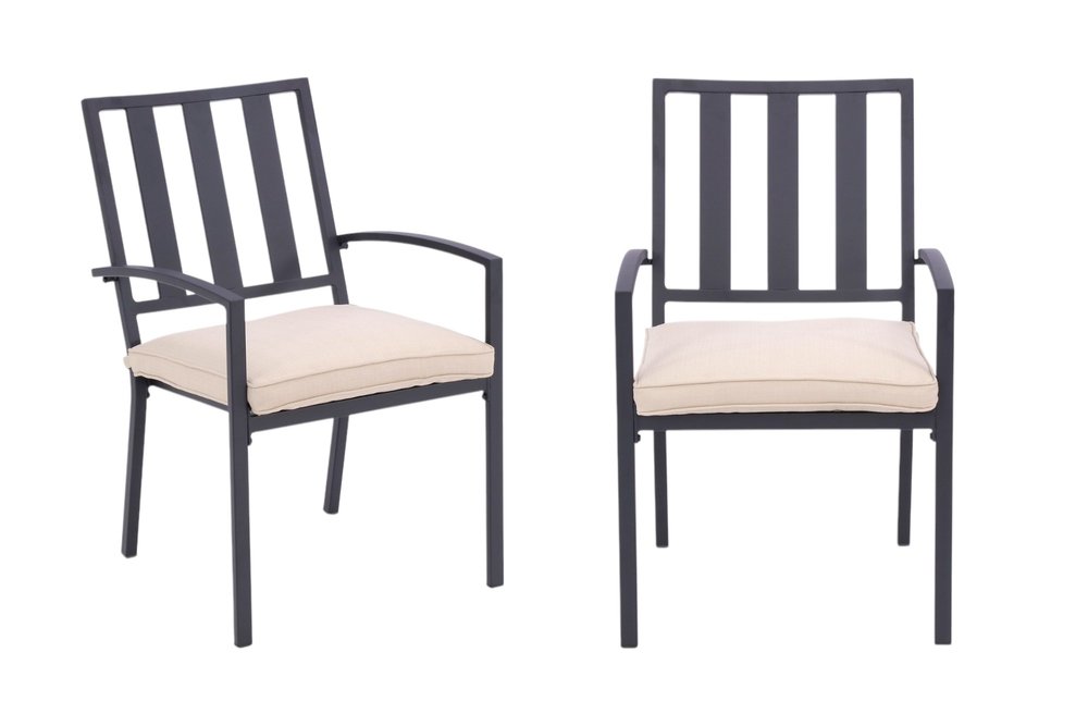 Set of Two Dark Gray Aluminum Outdoor Stacking Dining Chairs with Beige Cushion on a white background