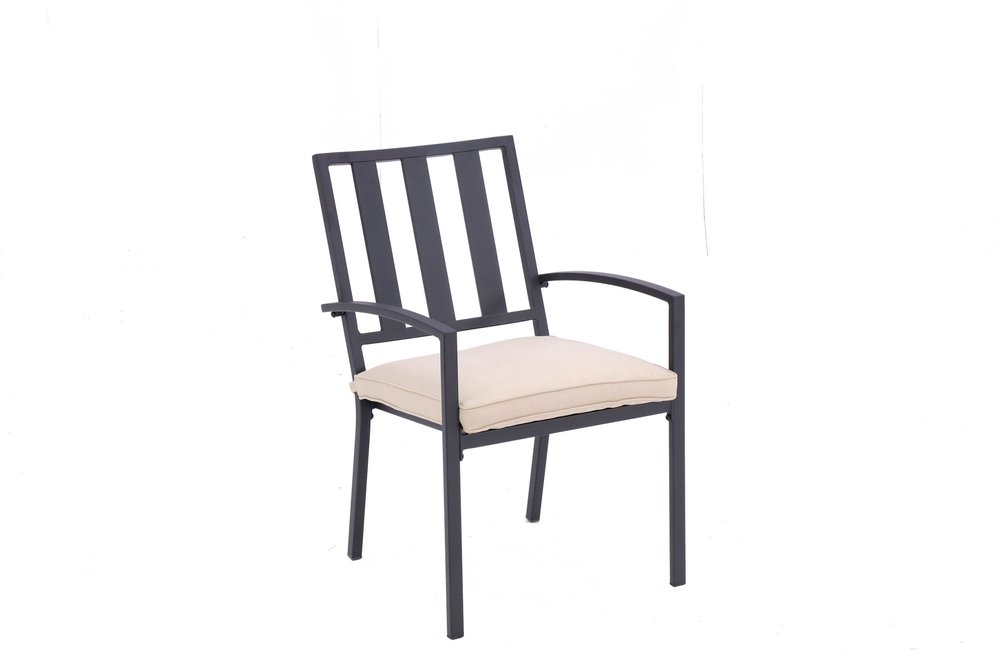 Dark gray aluminum outdoor dining chair with beige cushion on a white background.