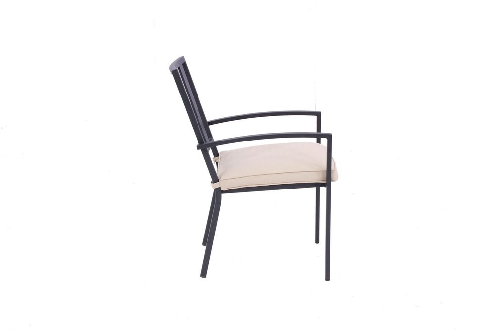 Set of Two Dark Gray Aluminum Outdoor Stacking Dining Chairs with Beige Cushion on a white background