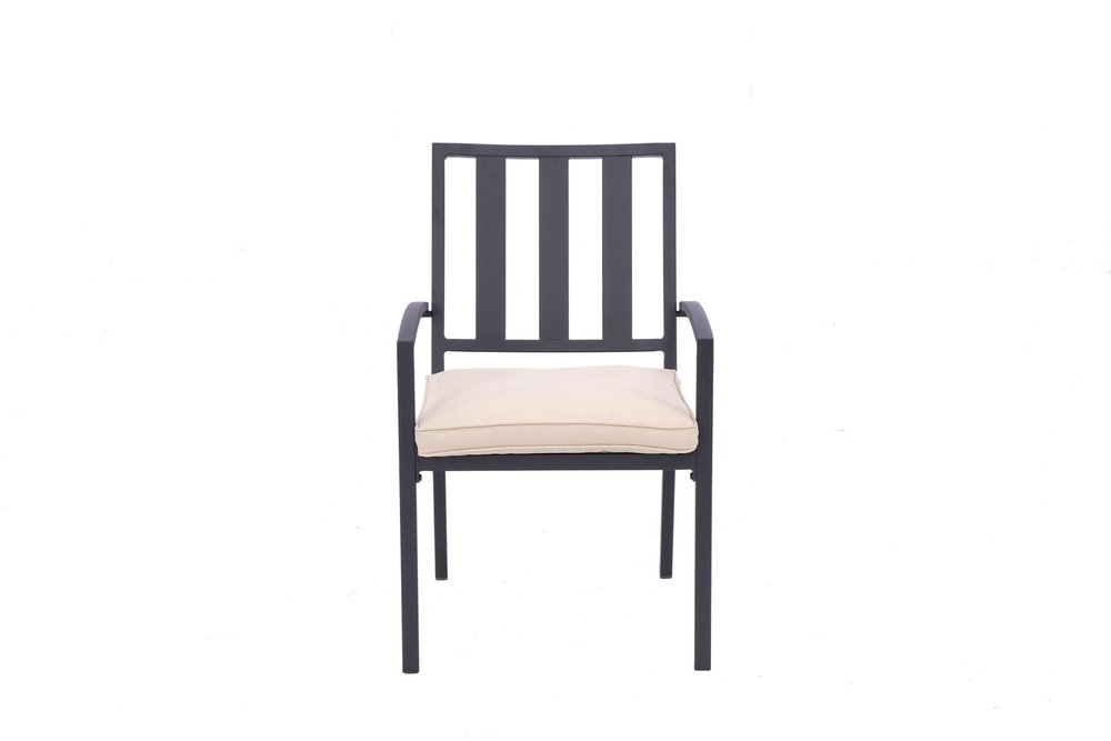 Set of Two Dark Gray Aluminum Outdoor Stacking Dining Chairs with Beige Cushion on a white background