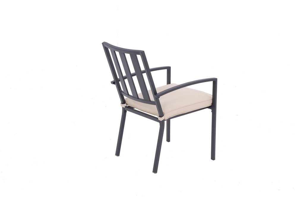 Set of Two Dark Gray Aluminum Outdoor Stacking Dining Chairs with Beige Cushion on a white background