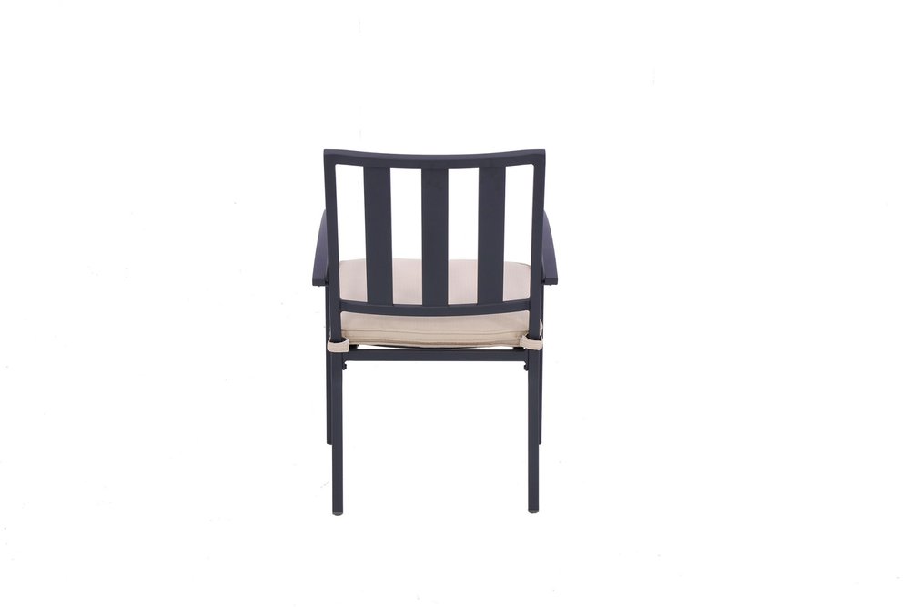 Set of Two Dark Gray Aluminum Outdoor Stacking Dining Chairs with Beige Cushion on a white background