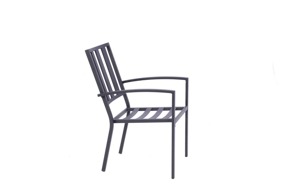 Set of Two Dark Gray Aluminum Outdoor Stacking Dining Chairs with Beige Cushion on a white background